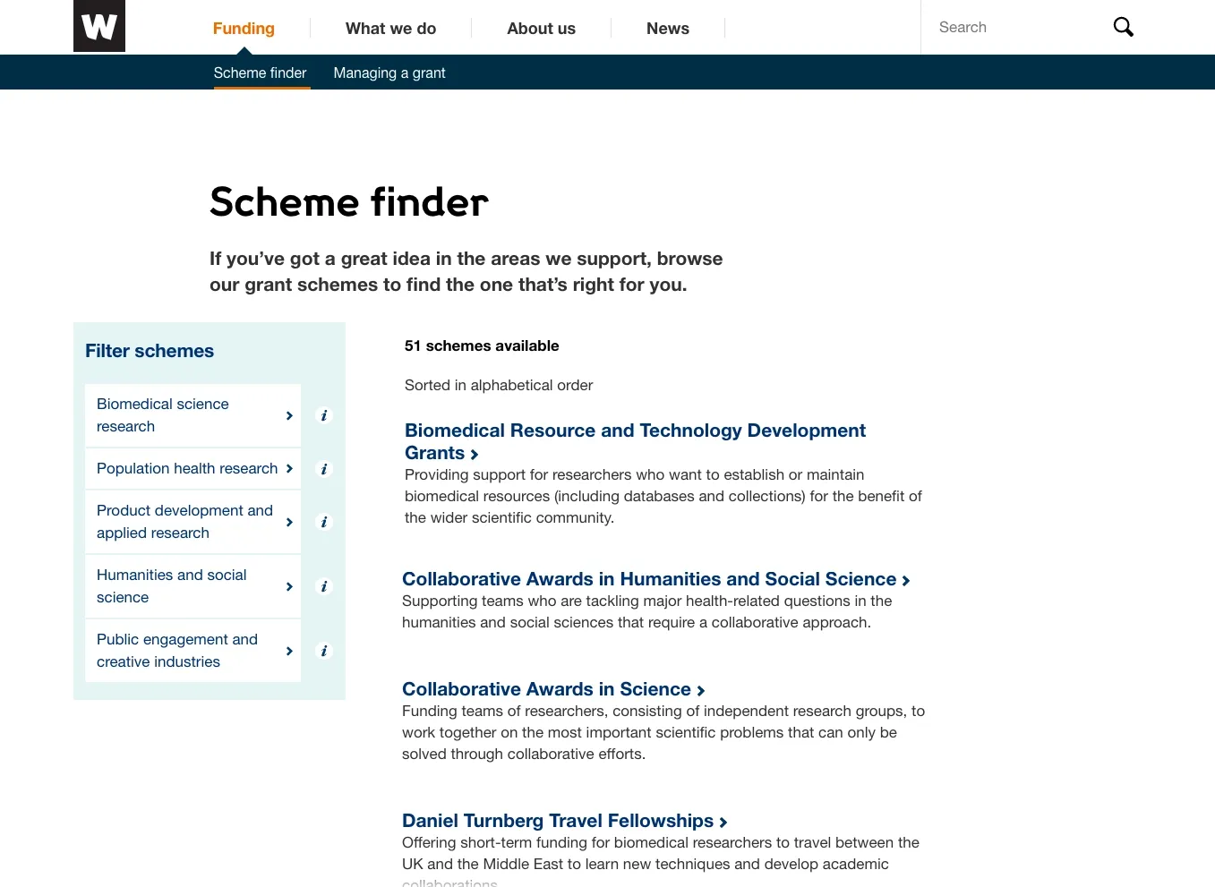 Screengrab of previous version of the page to find a suitable funding Scheme